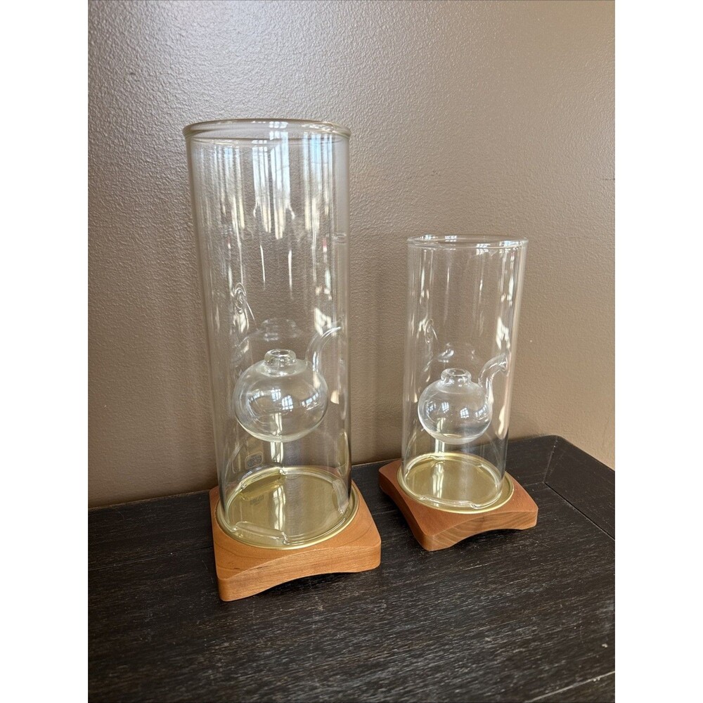 Pair Vintage Wolfard Denmark Hand Blown Glass Oil Lamps Wood MCM Label 9” & 12”